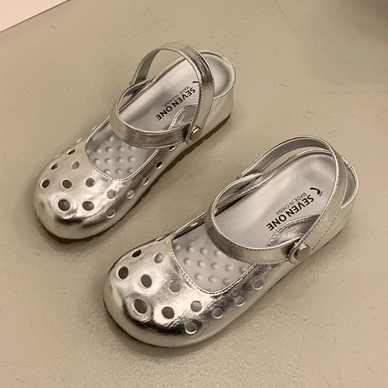 

Модные женские тапочки-клинья 2025 Новые туфли-мюли Полые летние сандалии Слингбэк Повседневная обувь Женские шлепанцы для ходьбы Zapatillas De Mujer 40 серебряный