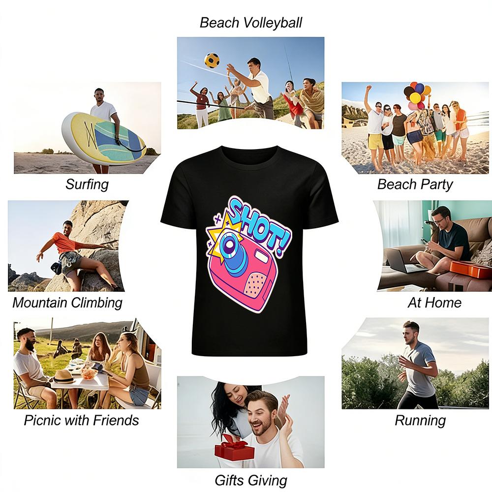 Vintage Camera SHOT Print Casual T-Shirt Unisex Loose Breathable Top For Daily Wear Pure cotton T-shirt
