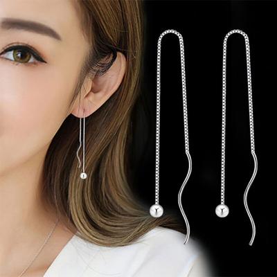 925 Sterling Silver Simple Bead Long Tassel Ear Chain Earrings Simple Fahsion Box Chain Ear Jewelry For Women Gifts S-E229