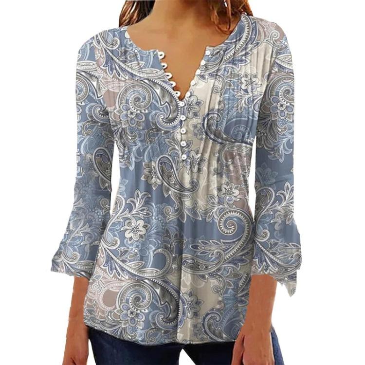 

Ladies Short Sleeve V Neck Floral Print Button T Shirt Top S серый