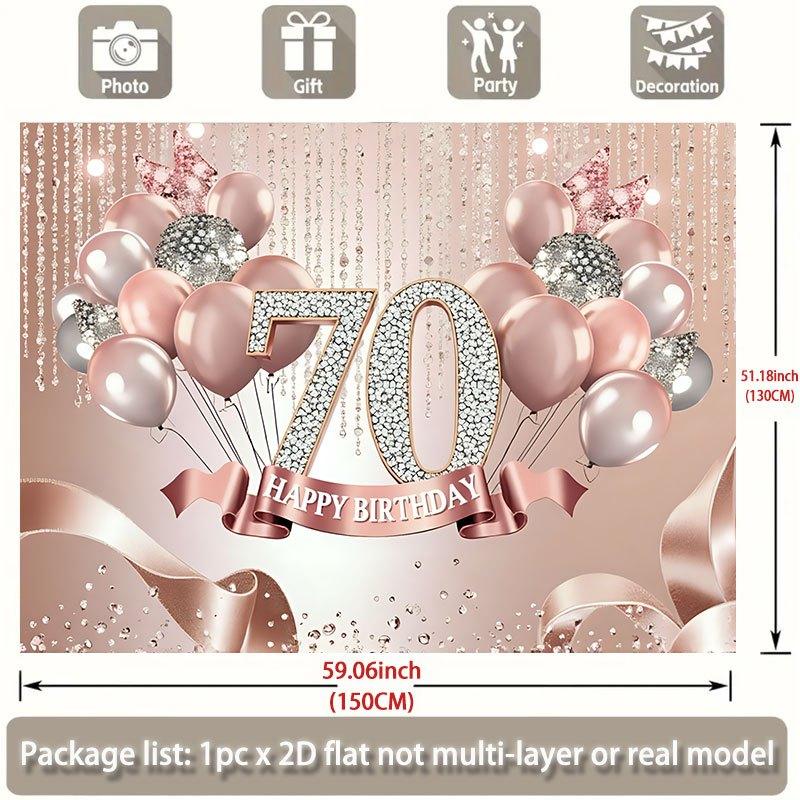 A single-color 2D flat banner with the shining "70" logo on it, along with rose gold and silver balloons