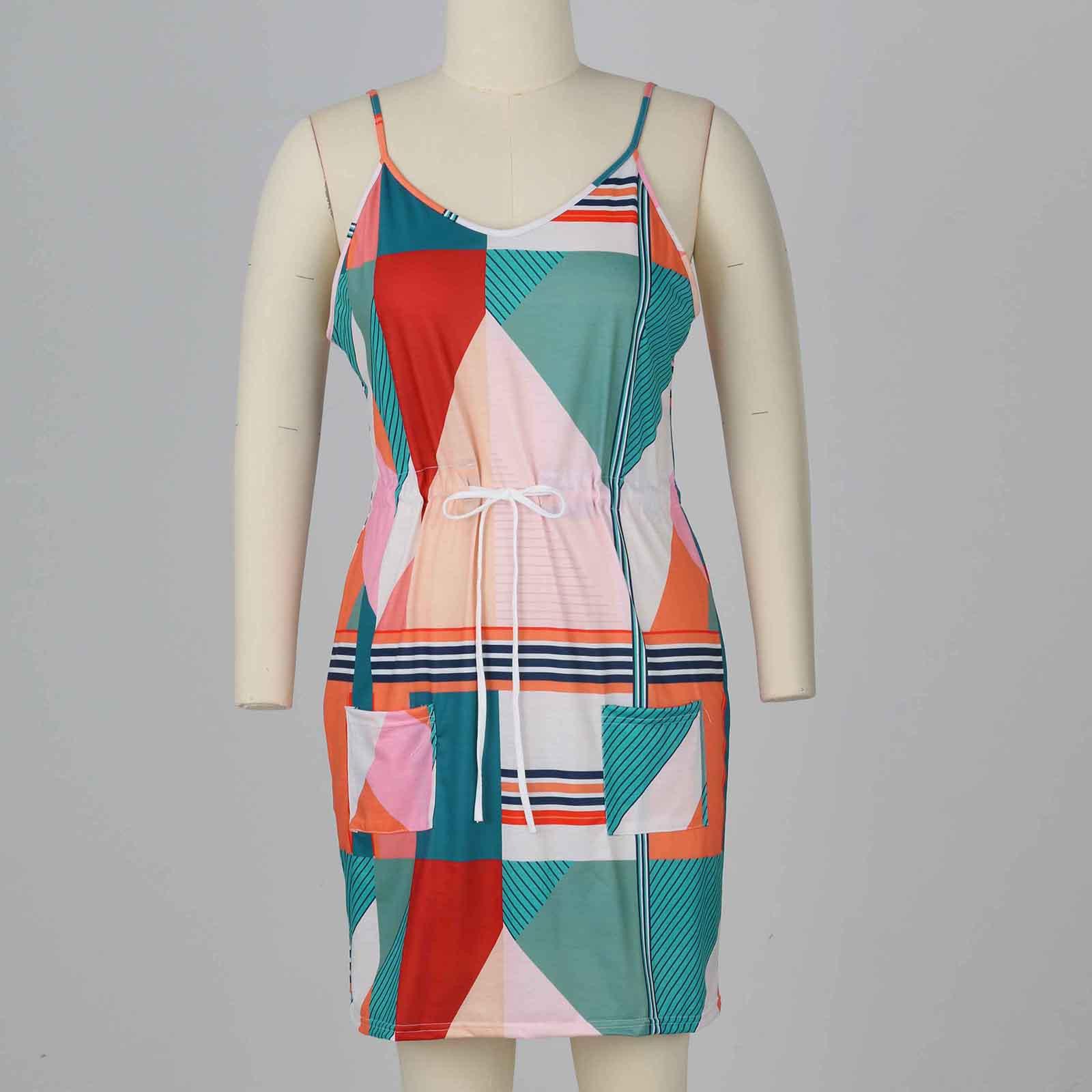 Women s Fashion Loose Casual V-Neck  Sleeveless Printed Dress L