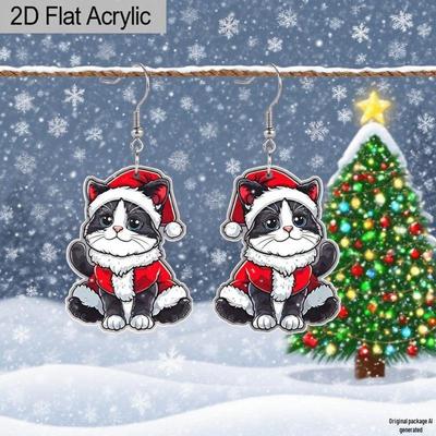 Retro Christmas Cat Acrylic Earrings - Cute & Creative Holiday Party Jewelry