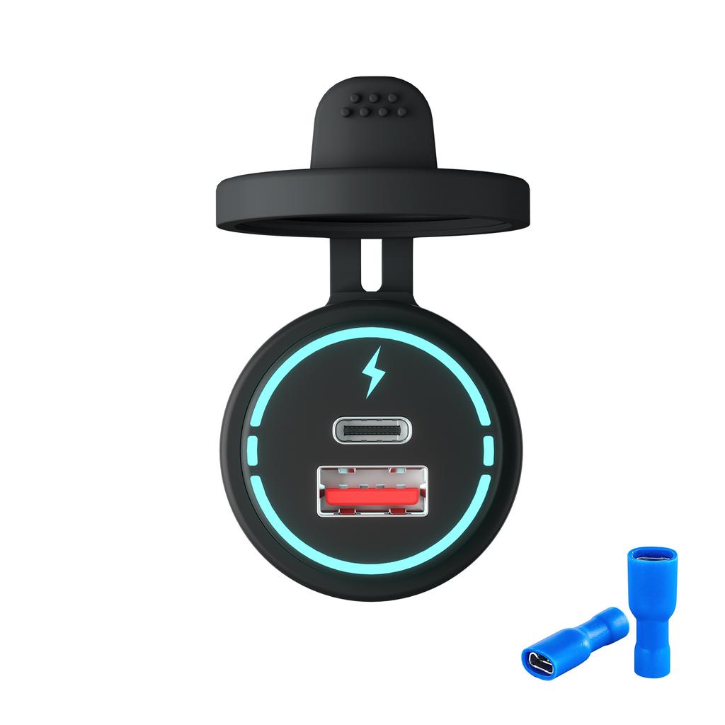 12V-24V Car QC3.0 Fast Charging USB and PD Dual Port for Car Motorcycles, h Bikes, SUVs, Boats IP66 Waterproof Multiple A