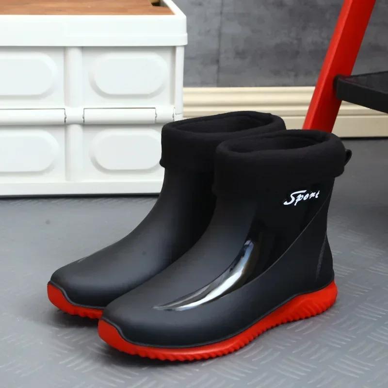 Rain Boots Men's Waterproof Drawstring Rain Shoes Velvet Padded Suit Warm Non-Slip Flat Fashion Take-out Rider Rain Boots