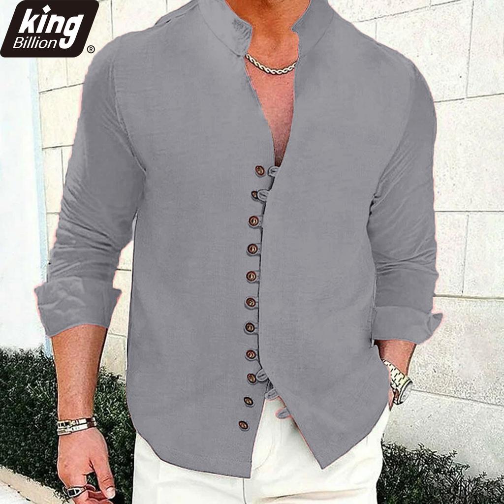 Men's Linen Blend Mandarin Collar Shirt - Asymmetric Button Placket Long Sleeve Casual Lightweight Summer Beach & Daily Top