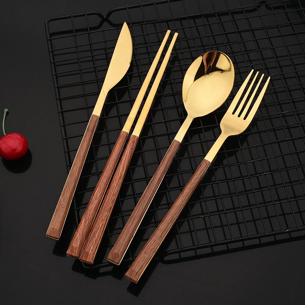 18Pcs Brown Silver Flatware Cutlery Set Chopsticks Spoon Fork Set Imitation Wooden Handle Korean Dinnerware Luxury Tableware Set