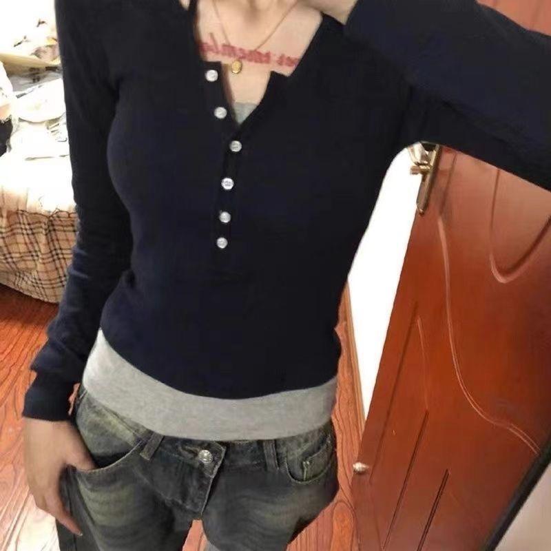 2KWEIRD Y2k Vintage Móda Dlouhý Rukáv Falešné Dvoudílné Tričko Dámské Harajuku Patchwork Streetwear Grunge Kontrastní V Výstřih Košile Femme