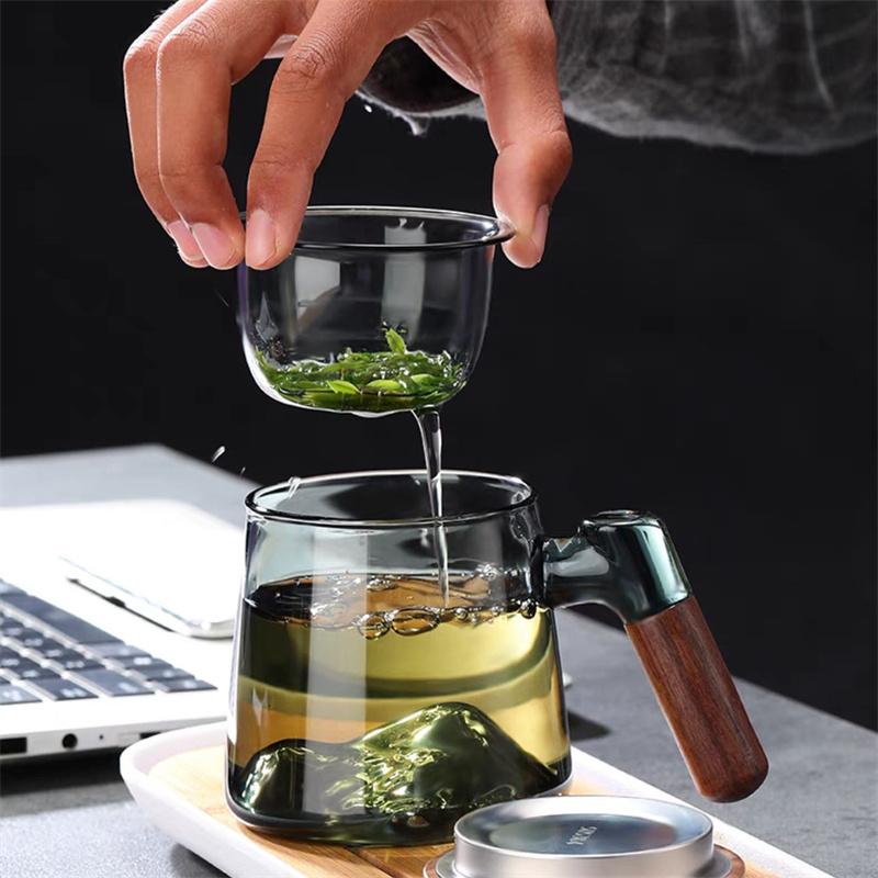 350ml Mountain View Bottom Glass Tea Cup With Wood Handle Chinese Puer Cups High Quality And Convenient Kung Fu Tea Cup Set