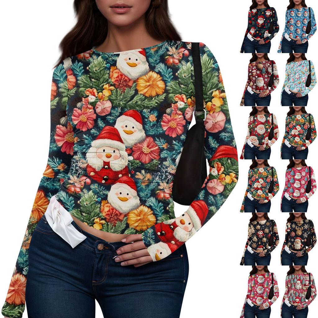 T-shirt à manches longues pour femme, mode décontractée, col rond, imprimé Noël