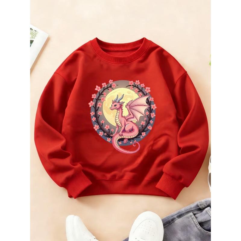 Kids Crewneck Sweatshirt, Cherry Blossom Moon Pink Dragon Dreamy Fantasy Fun Print