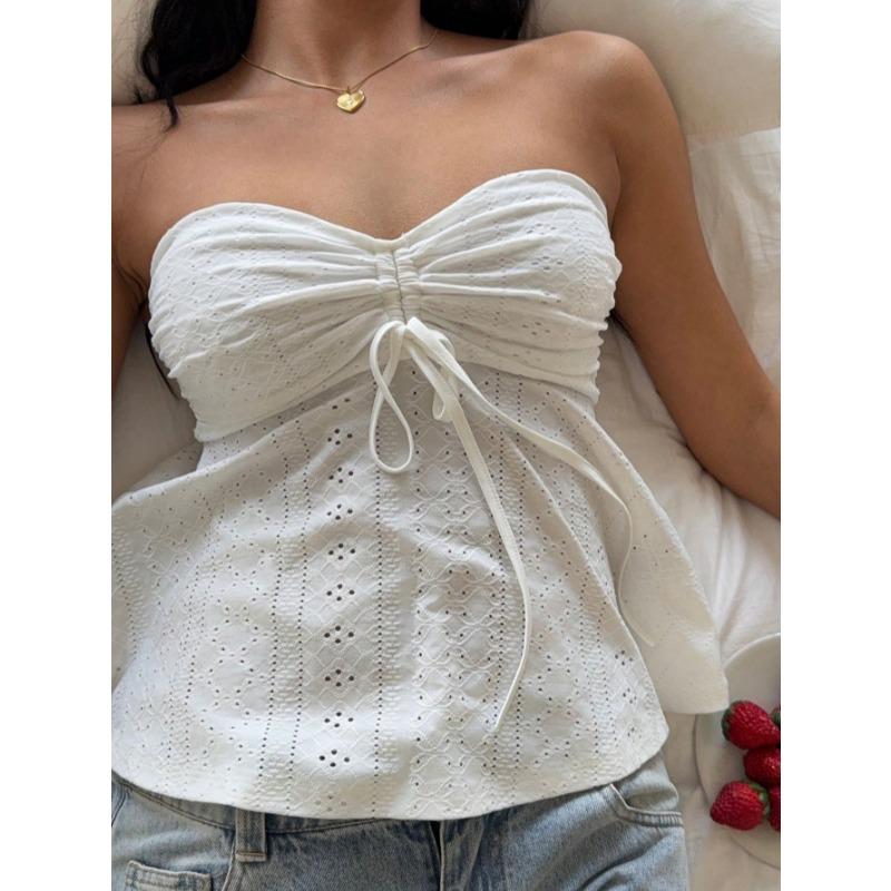 2026 Summer Hollow Out Women Tube Top New Sweet Lace-up Strapless Blouse Slim Fit Loose Sleeveless Top Solid Color Simple A-line Backless Sexy Shirts