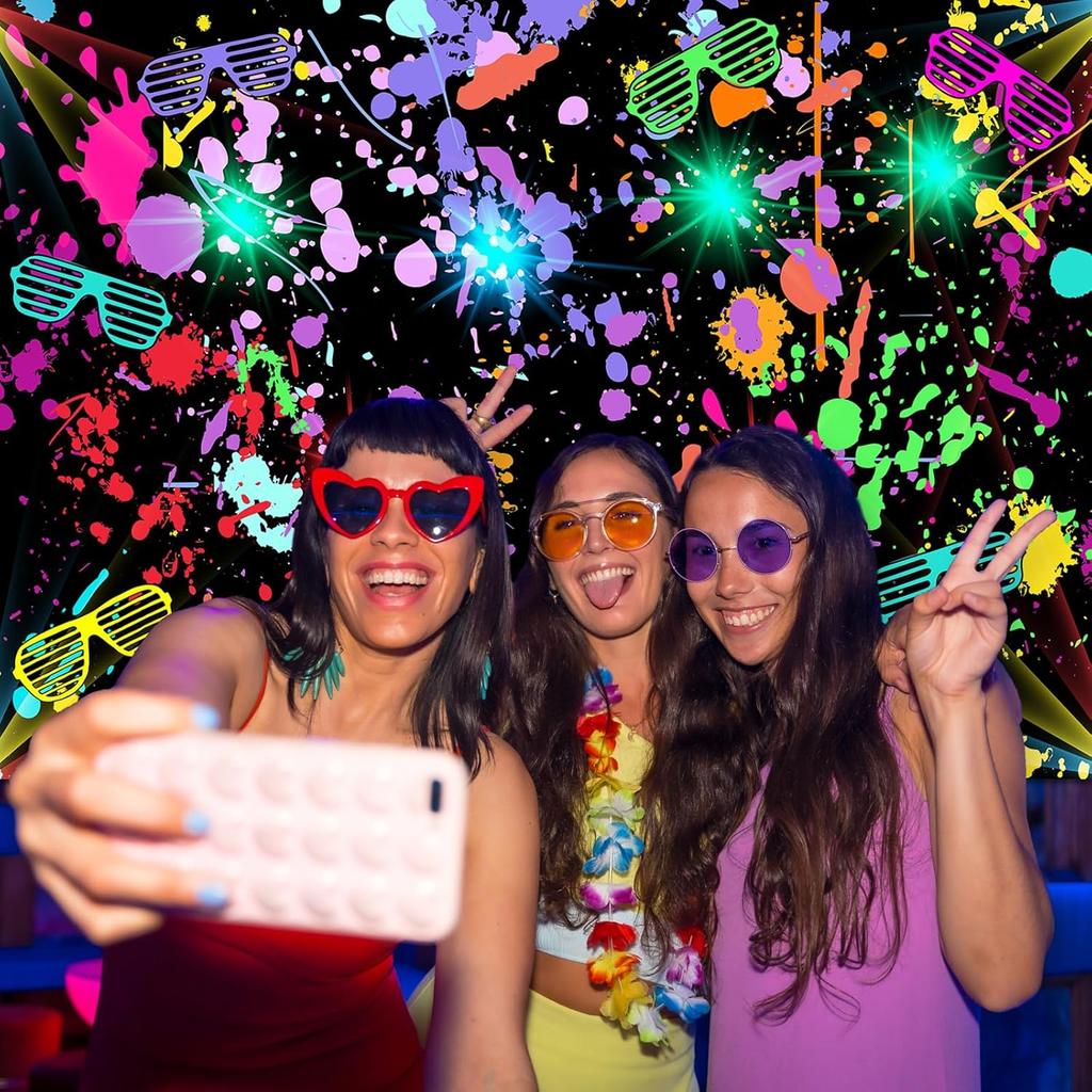 Avezano Neon Glow in The Dark Backdrop Paint Splatter Graffiti Glow Party 80s 90s Themed Birthday Background Colorful Neon Party Birthday Backdrops