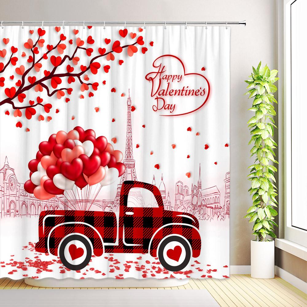 Valentine's Day Shower Curtain Romantic Rose Flower Bike Red Truck Love Hearts Tree Eiffel Tower Home Bathroom Decor With Hooks
