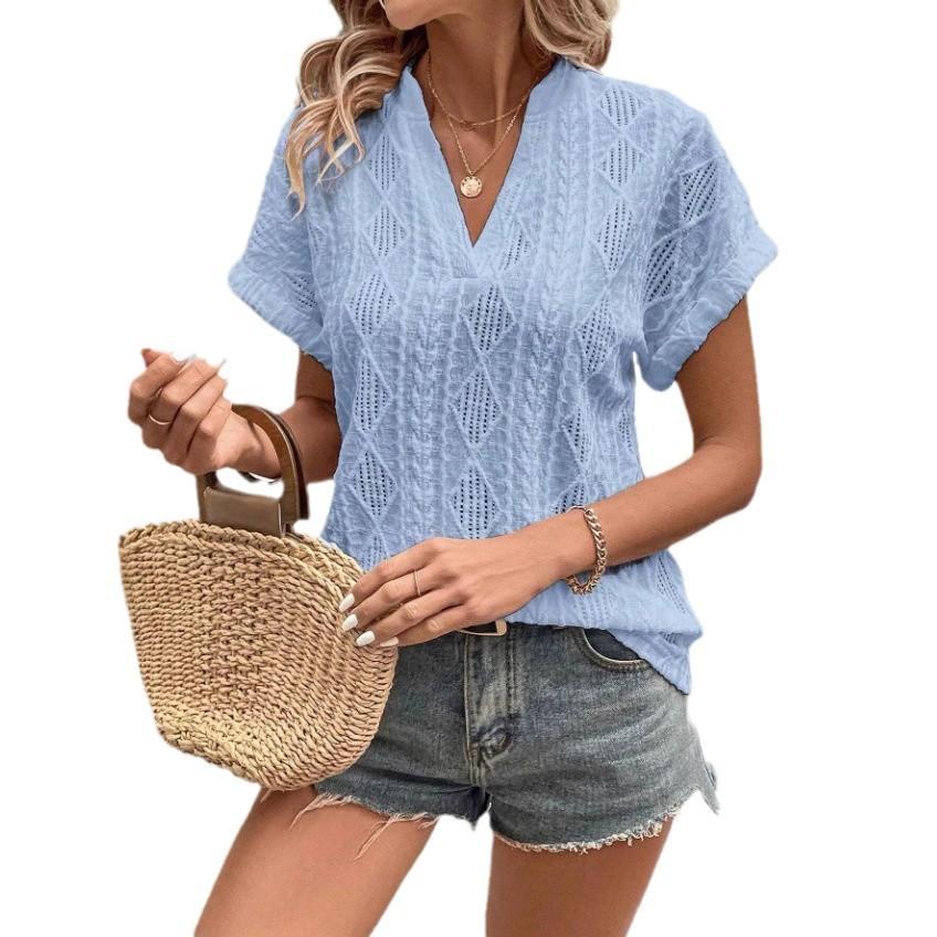 Women White Diamond Knit Hollow Out Short Sleeve Slim Fitted T-Shirt