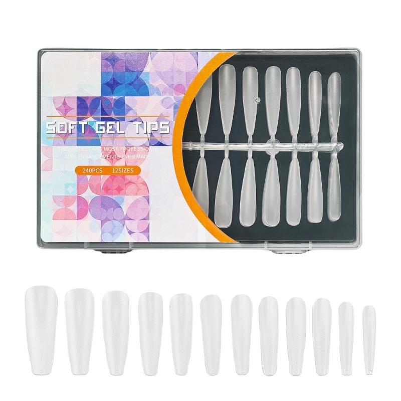 240Pcs Pre Etched Clear Fake Nail Tips Soft Gel Nail Tips 12 Sizes Full Cover False Nail Almond/Stilettos Press On Nail