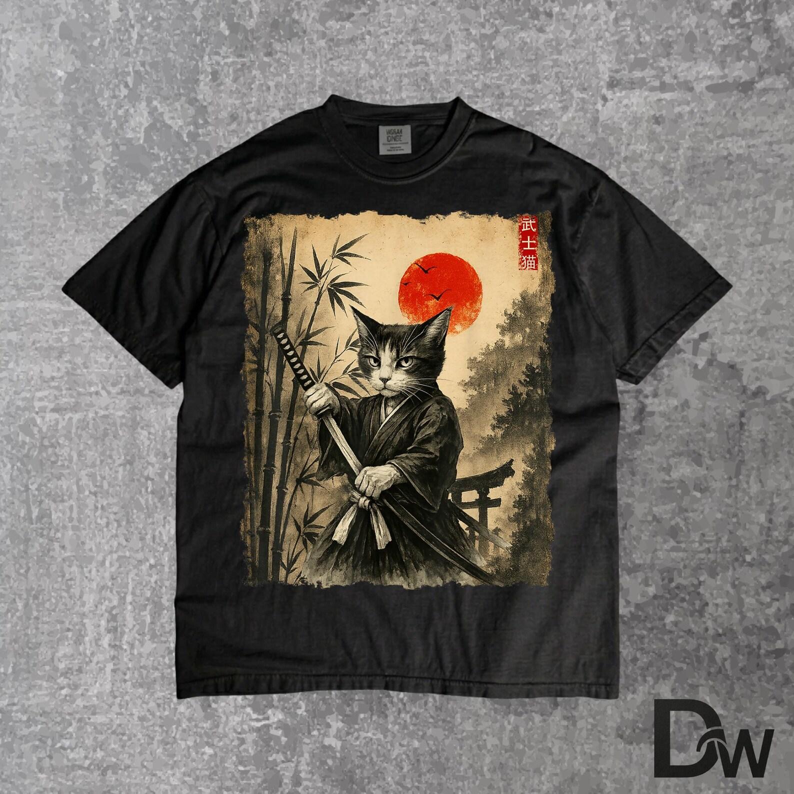 Samurai Cat Japanese Art, Funny Anime Cat T Shirt, Cute Samurai Kitty Tee, Manga Style Cat Graphic Shirt, Japan Aesthetic Tee 4XL