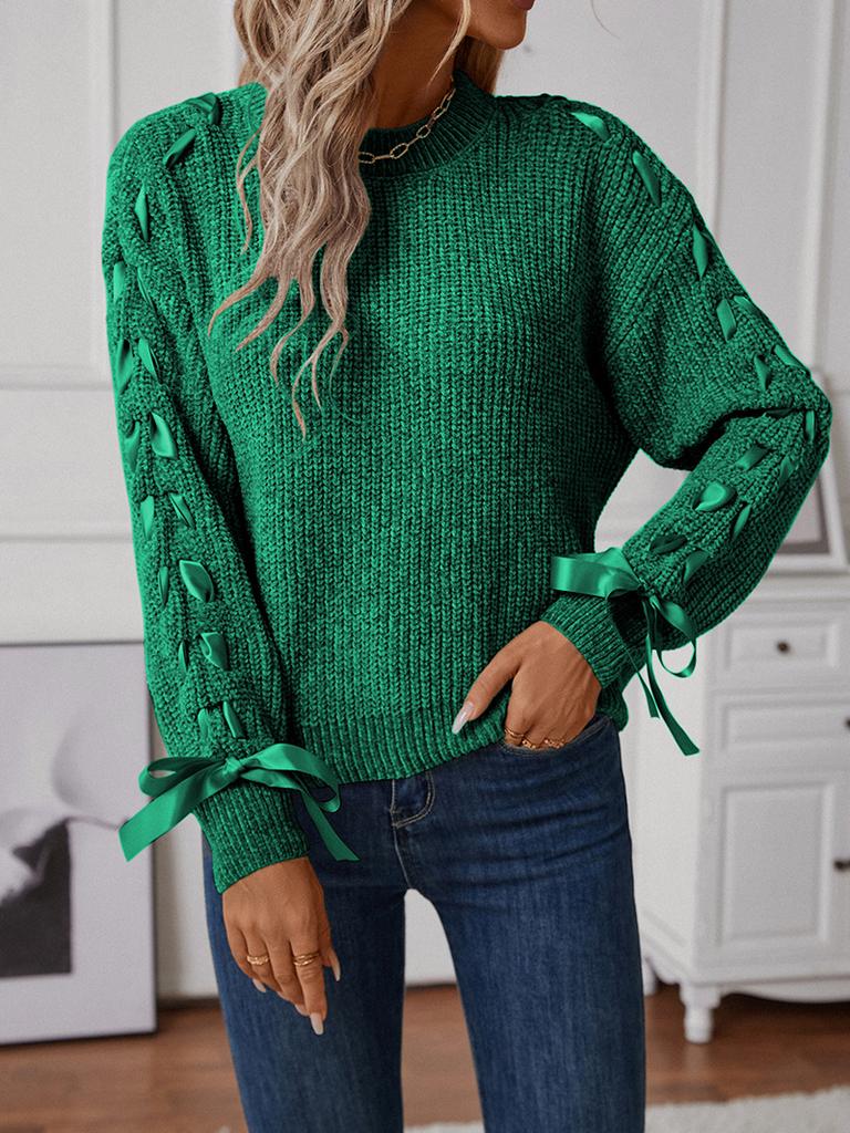 Women's Fashion Casual Pullover Loose Bowknot Solid Color Knitted Long Sleeve Sweater
