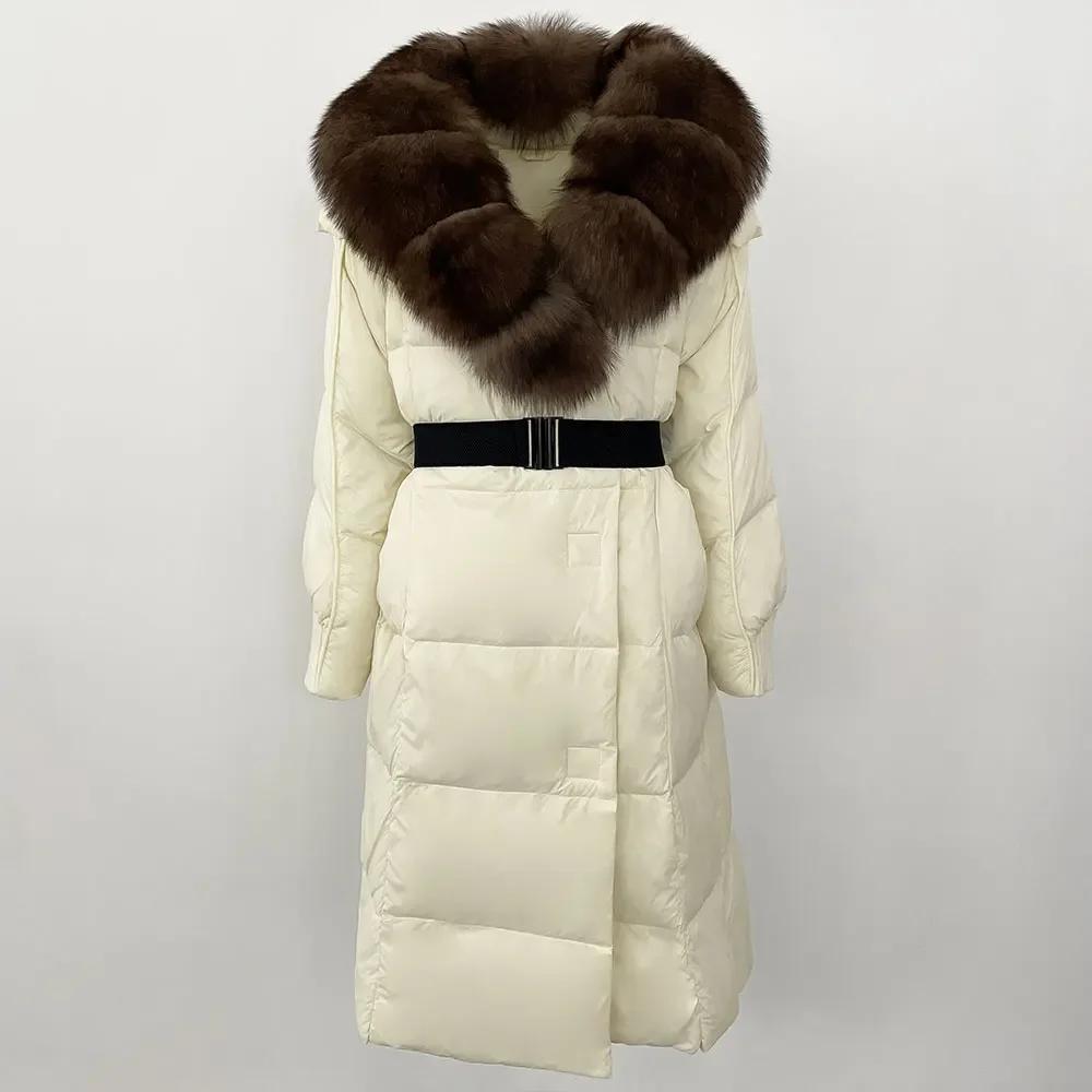 OFTBUY Winter Jacket Women Long Natural Real Raccoon Fox Fur Collar White Duck Down Coat Belt Thick Warm Casual Outerwear