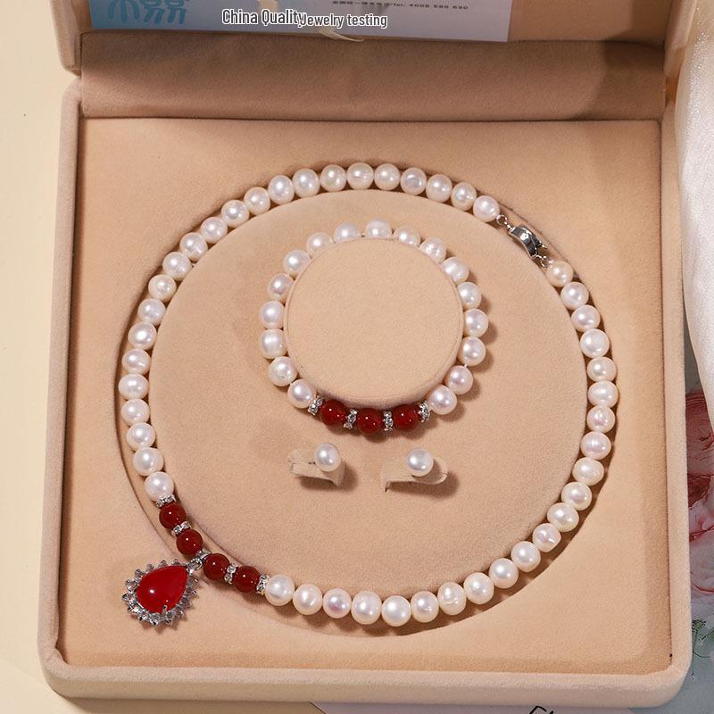 Zhuji Natural Freshwater Pearl Necklace Set: Green Water Drop Design - Perfect Mother's Day Gift