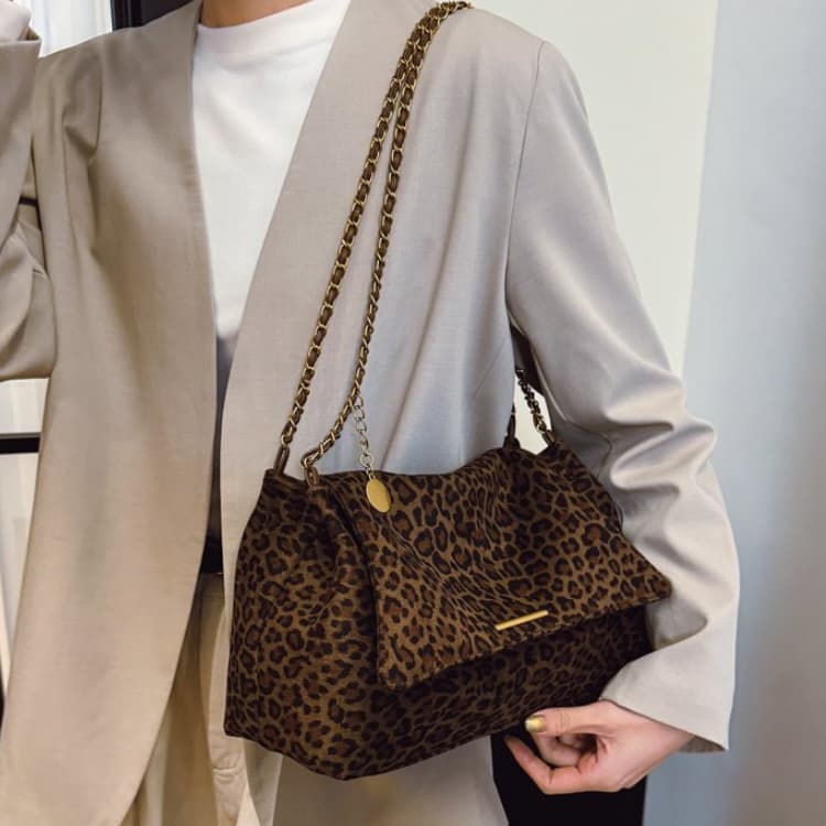 Ladies Gold Zipper Leopard Print Crossbody Bag