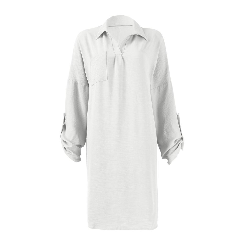 Women's Summer Solid Color Cotton And Linen V-Neck Long Sleeve Button Midi Dress