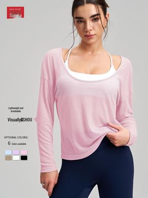 Top deportivo de manga larga transpirable y de secado rápido para mujer, ideal para yoga y fitness.