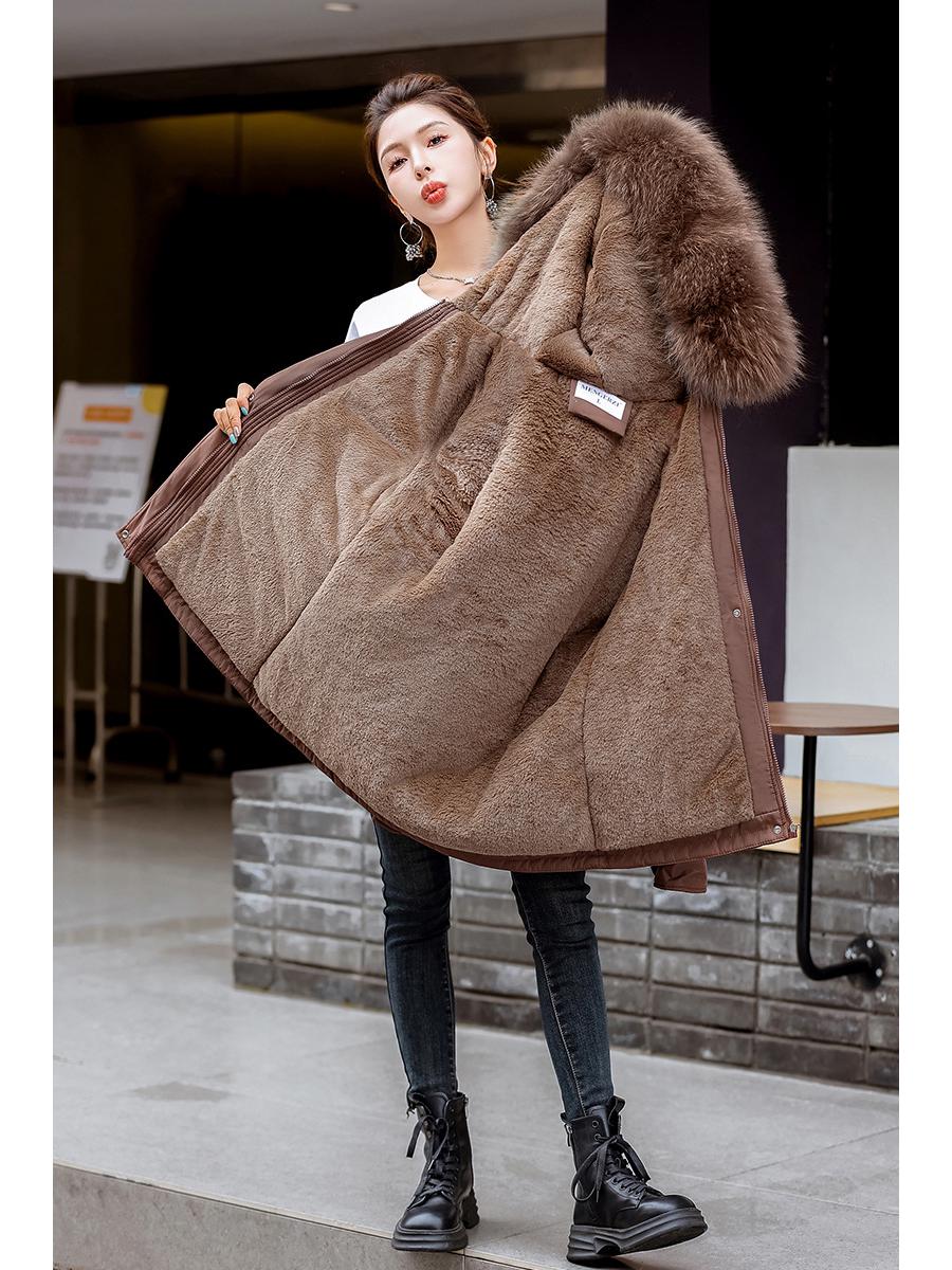 

Женская парка миди большого размера на флисовой подкладке 2024 - Зимнее хлопковое пальто, Утепленная повседневная куртка с приталенным силуэтом 3XL кофейный