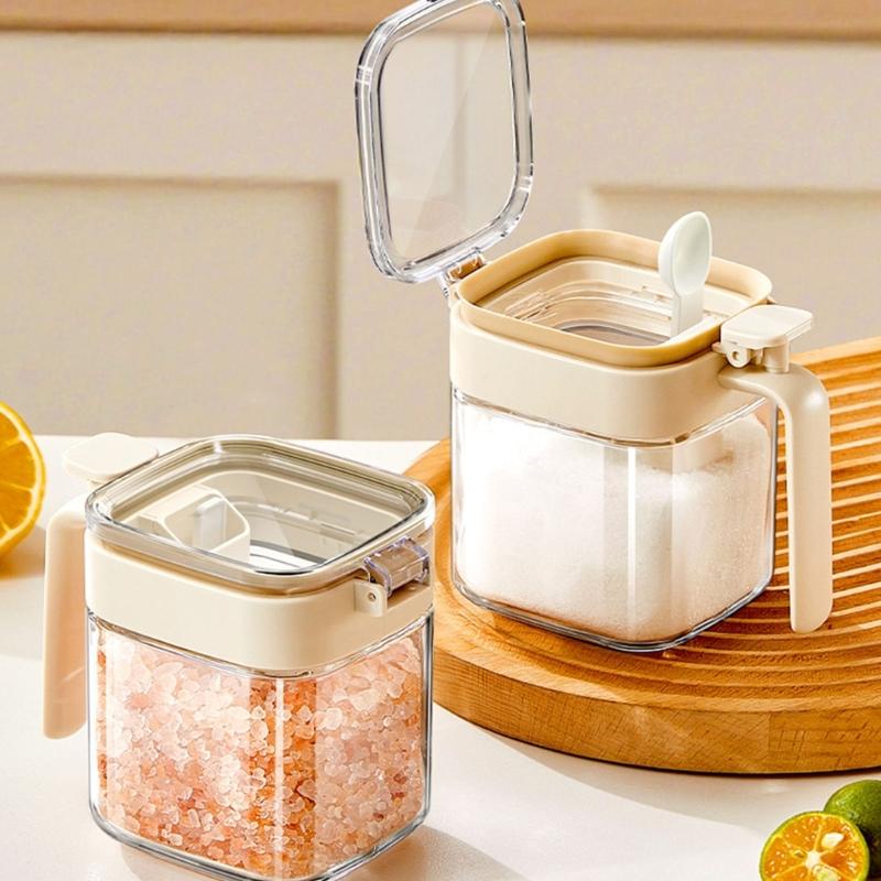 Clear Kitchen Spices Jars With Removable Spoon Compartment Food Storage Container For Pantries Organization