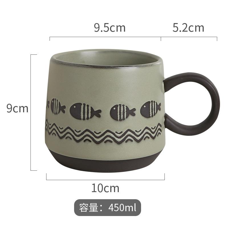 Underglaze Hand Painted Ceramic Mug Set Coarse Pottery Cute Pattern Large Coffee Cup for Couples Matching Pair Gift