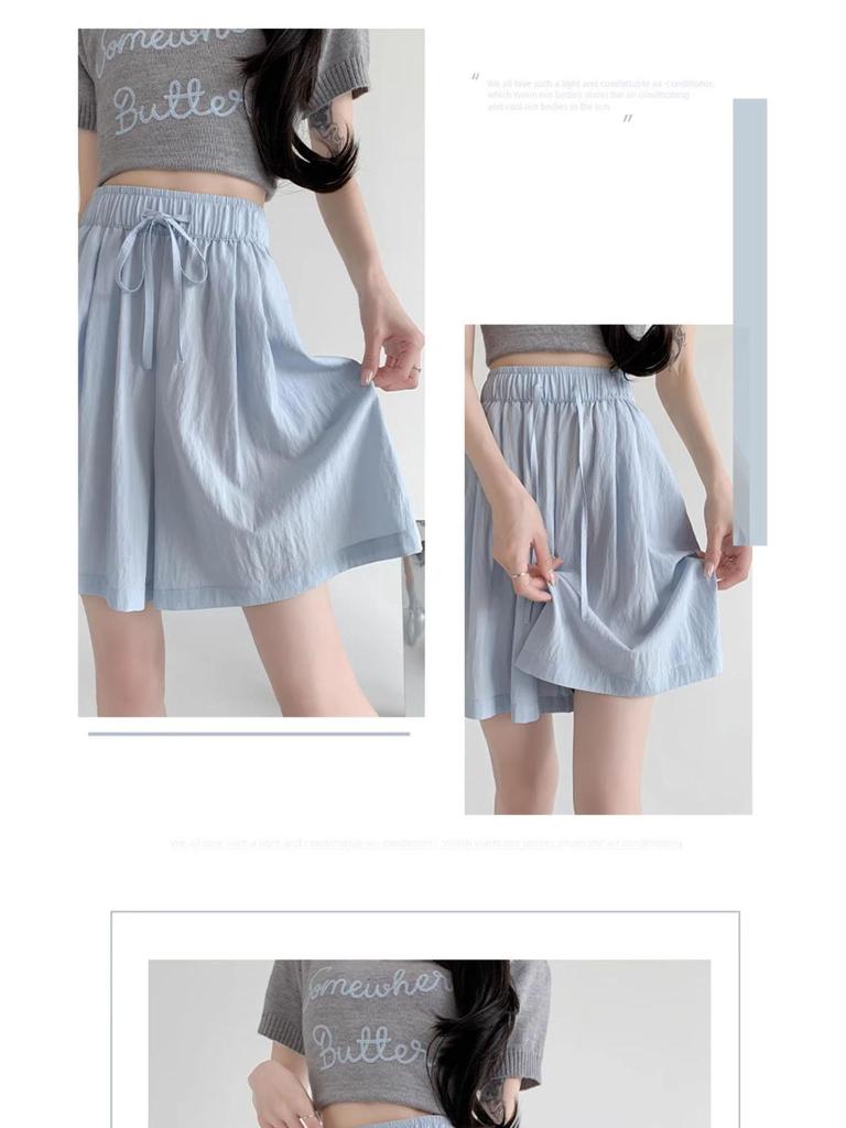 Women's High-Waist Blue Ice Silk Wide-Leg Shorts - Summer 2025 Mid-Length Casual Sportswear