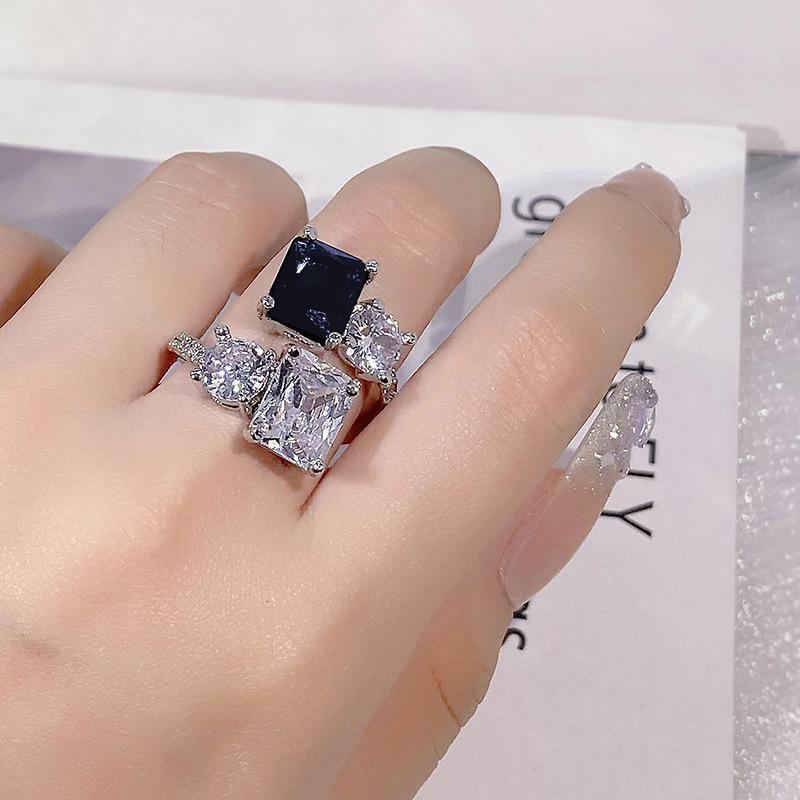 Luxury high carbon diamond ice flower cut engagement ring female  silver dark blue zircon irregular opening ring party gift