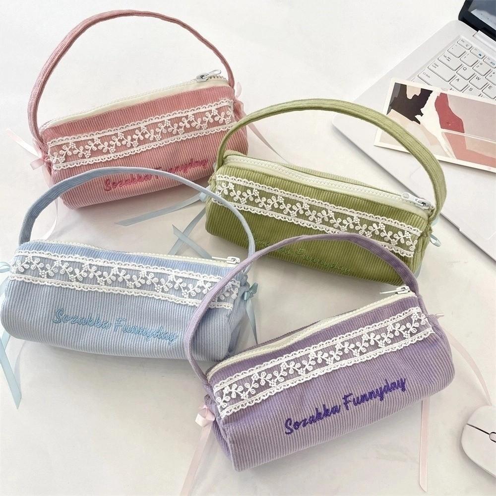 Lace Handheld Stationery Bag Corduroy Cloth Bow Pencil Pouch Korean Style Pencil Case  School