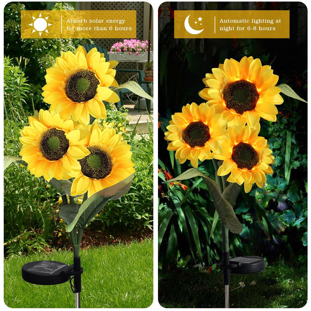 Solar Lights Outdoor Garden Decor 3 Heads Sunflower Light Waterproof Outdoor Lamp Auto ON/Off Decorative Lights for Garden Patio