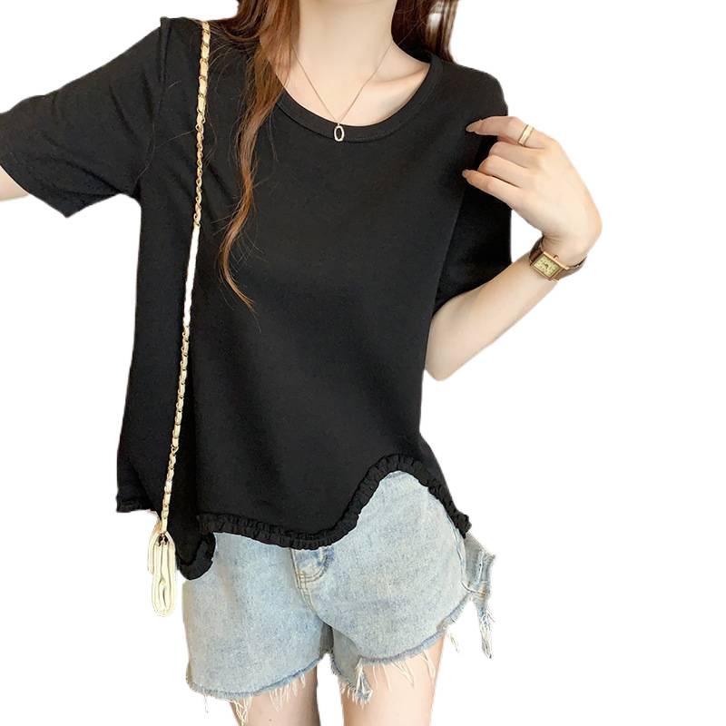 2026 Summer Plus Size Women's Irregular Ruffled Lace Short Sleeve T-shirt