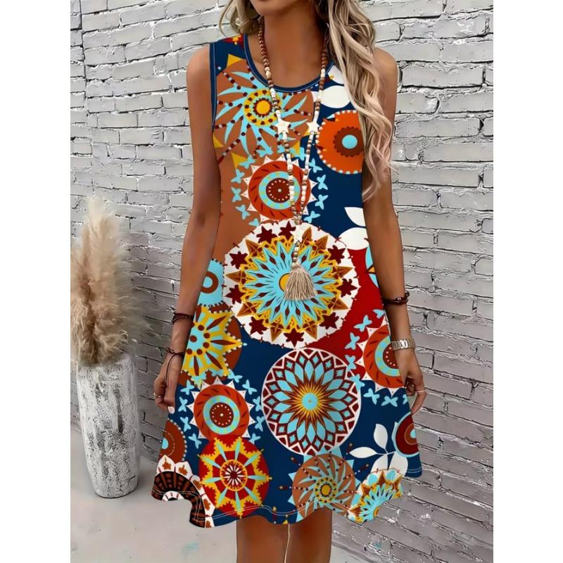 Women's fashionable printed casual sleeveless dress, machine washable, comfortable and versatile
