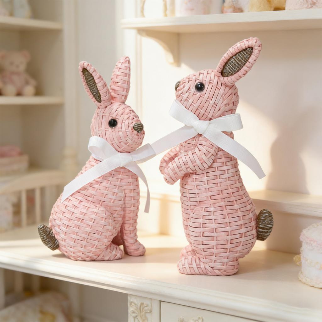 Resin Rattan Easter Bunny Vine Weaving Effect Wicker Bunny Decor Figurine Statue Ornament for Spring Table Decor