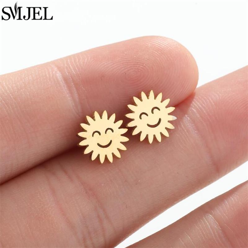 SMJEL Gold Stainless Steel Earrings Geometric Women Cute Leaf Star Footprints Mandala Cactus Earings Jewelry Small Studs Gift