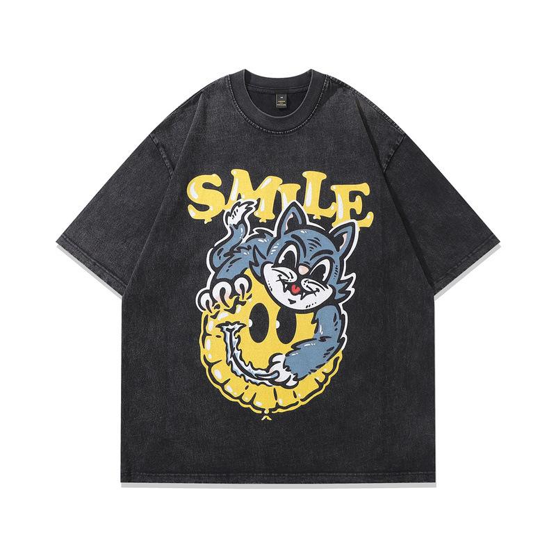 Tide Brand American Street Retro Men'S T-Shirt Vintage Hip-Hop Printing Washed Cotton Short-Sleeved T-Shirt Men