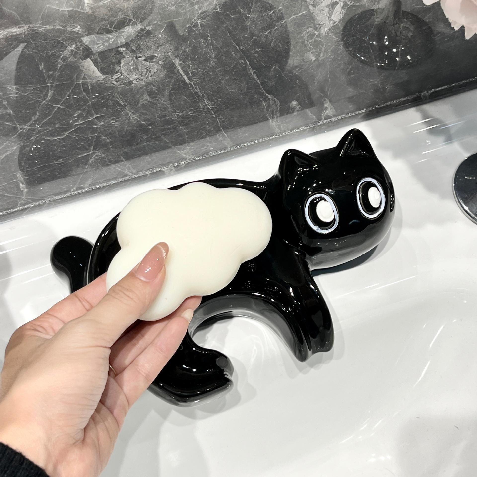 

Cute Black Cat Soap Box Soap Dish Creative Bathroom Accessories Home Decorative Drain Rack Soap Holder Dish Storage Plate Tray чёрный