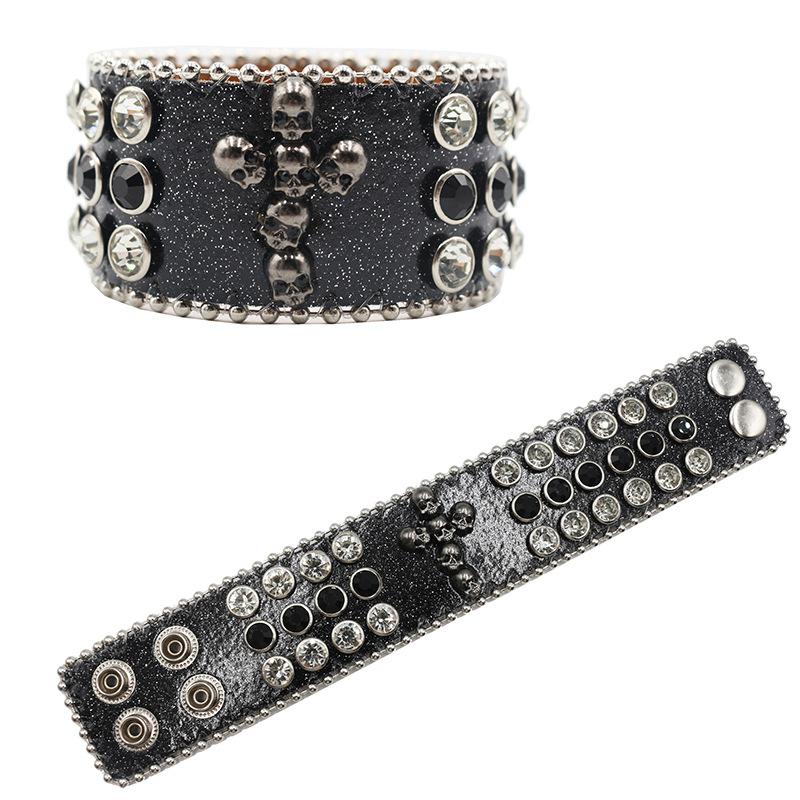 Design Diamond and Rhinestone Bracelet, Gothic Hip-hop Punk Trend PU Leather Bracelet