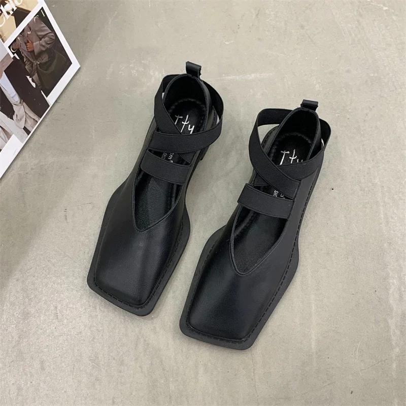 Fashion 2024 New Design Mary Jane Shoes Women Elegant Square Toe Flats Summer Fashion Cross Strap Elastic Band Casual Shoes for Women