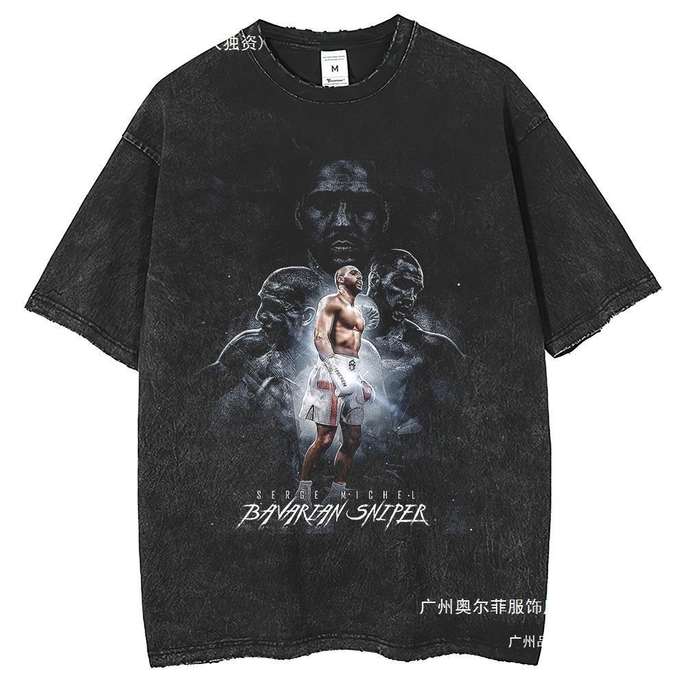 Vintage-Waschung Kurzarm Porträt-Print T-Shirt Sommer
