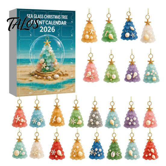 Coastal Home Holiday Ornaments 2026 Christmas Advent Calendar, Sea Glass Tree 2D Acrylic Ornament Set Aesthetic Gift Box with Hanging String,