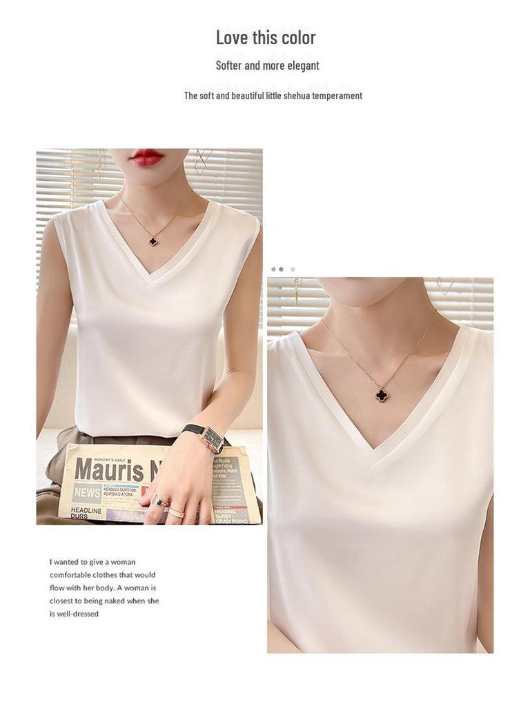 Women's Satin Wide Shoulder V-Neck Camisole Top - Summer, Loose, Sleeveless, Versatile