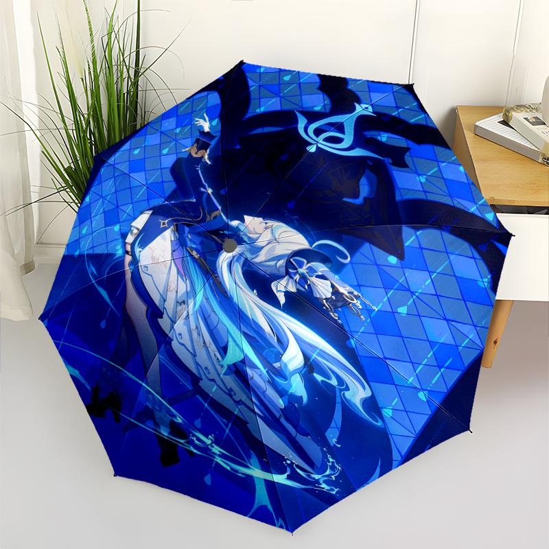 Genshin Impact Furina Print Automatic Umbrella, 8 Rib Iron Frame, Plastic Handle, Suitable for Outdoor Travel &Daily , Ideal Gift