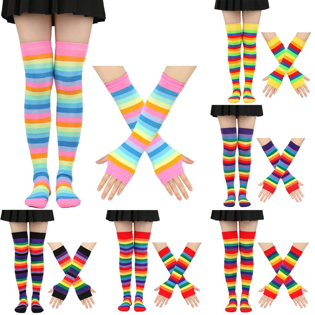 Fashion Striped Cotton Long Tube Seven Gloves + Socks Combination