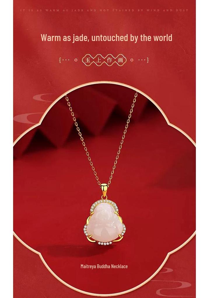 S925 Sterling Silver Hetian Jade Maitreya Buddha Necklace - Women's Trendy Ancient Style Clavicle Chain Pendant