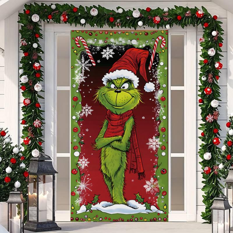 1 ks Veselé Vánoce Kryt na dveře Banner Polyester Vzor Santa Clause pro Štědrý večer Novoroční sváteční párty Vchodové dveře Domácí nástěnná dekorace