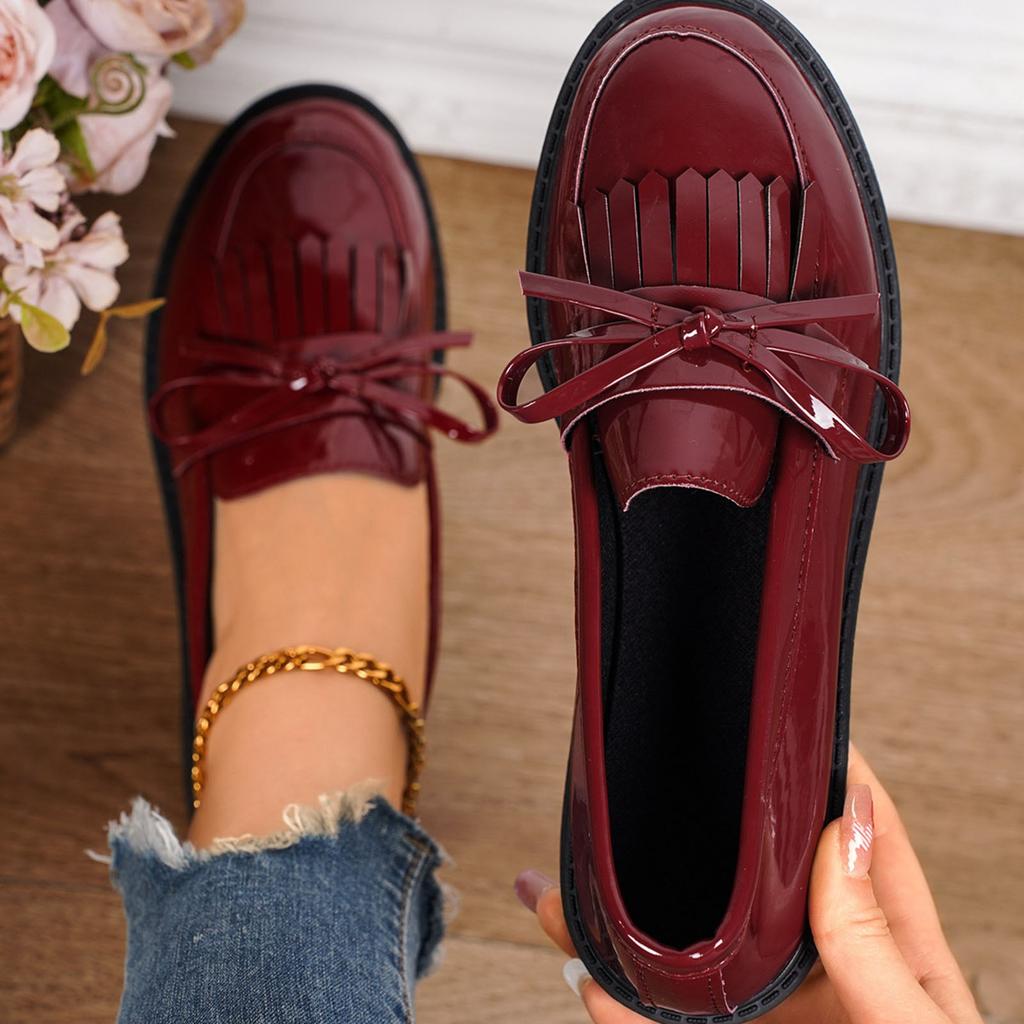 Women's Shiny Leather Tassel Shoes Fashion Large Size Casual Walking Versatile Loafers Bow Knot Tie Daily Commuting Wear